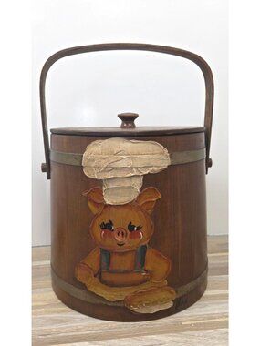 Vintage Firkin Sugar Wood Bucket w Lid & Handle Painted Pig Design Basketville